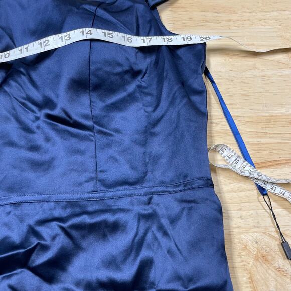 Mac Duggal NWT Satin Cap Sleeve Gown Midnight Blue Size 12 High Neck Back Train - Picture 5 of 8